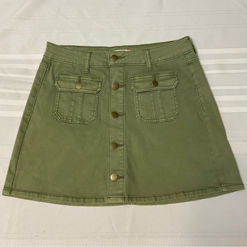 Womens Green Button Front Cotton Stretch Mini Skirt Size S